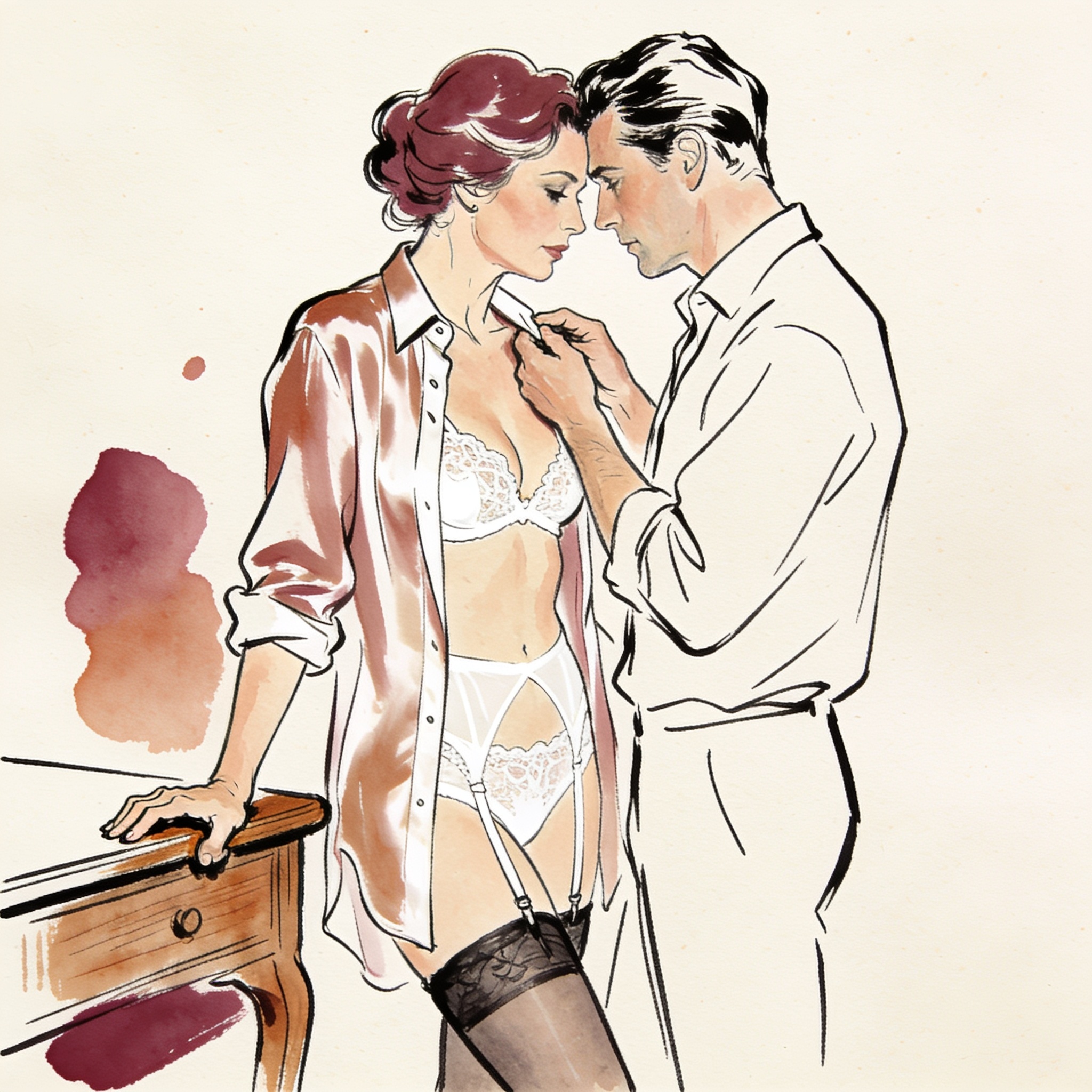 A professor traces a student's collarbone, her shirt open, his intense gaze holding hers.