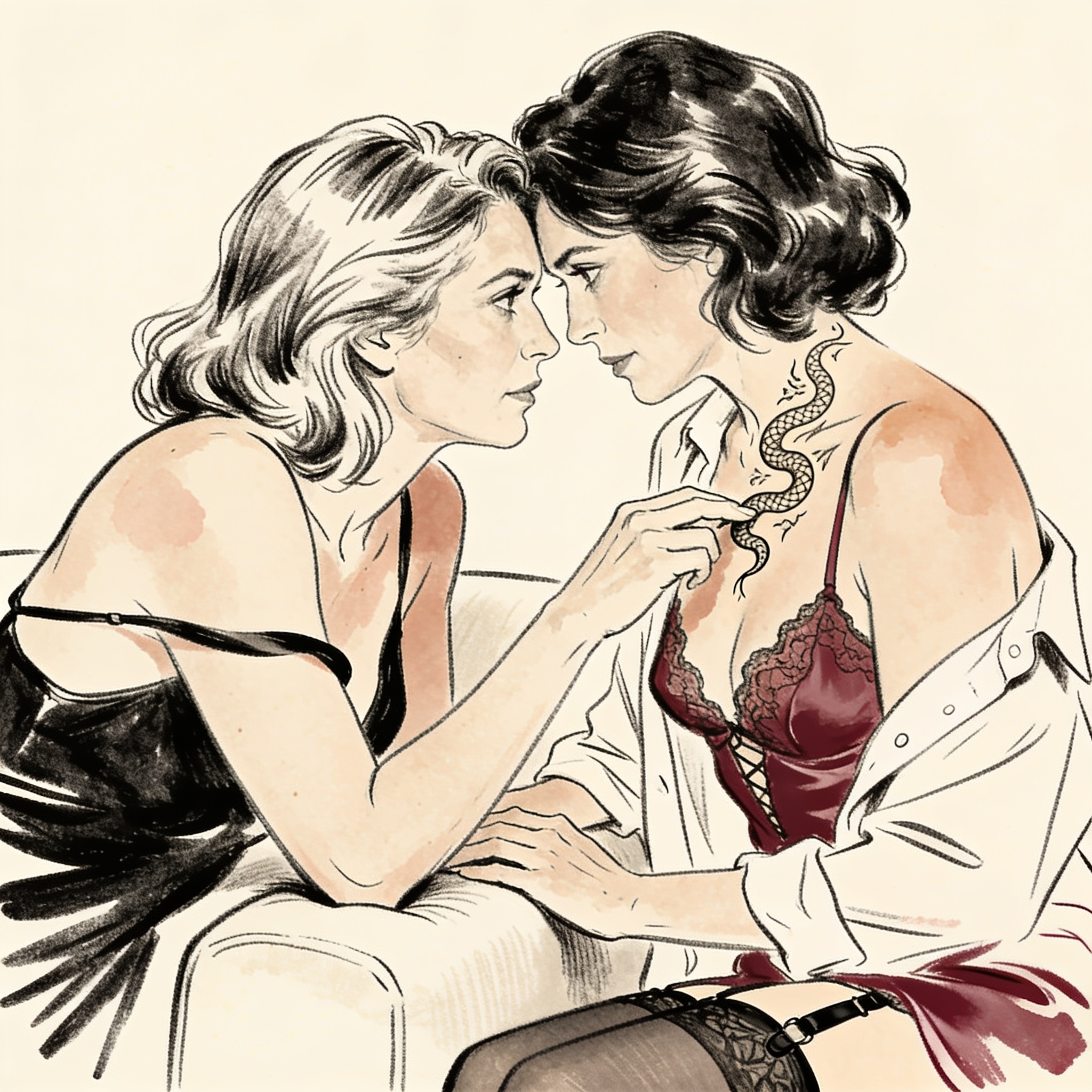 Two women share a charged look, one's finger tracing the other's neckline tattoo on a c...